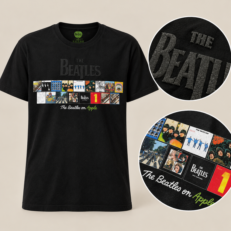 The Beatles Unisex T-Shirt: Albums on Apple (Black) (Embellished)