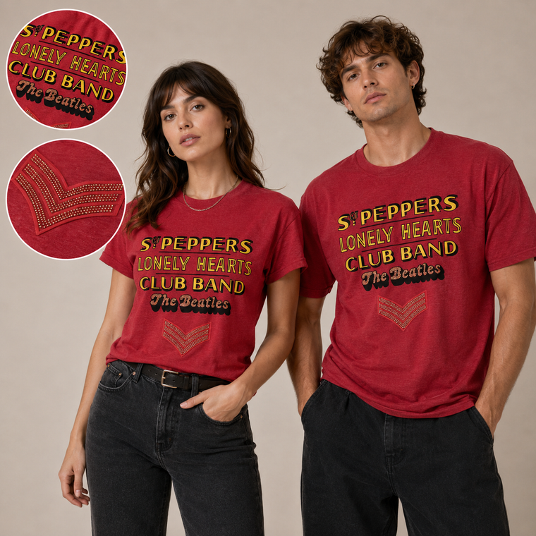 The Beatles Unisex T-Shirt: Sgt Pepper Stacked Crystals (Red) (Embellished)