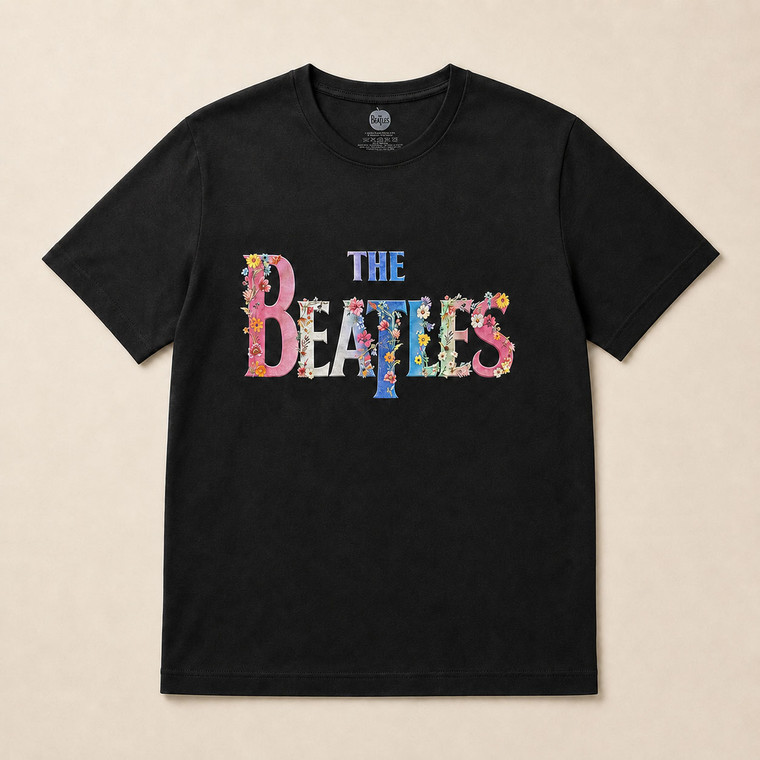 The Beatles Unisex T-Shirt: Floral Logo (Black)