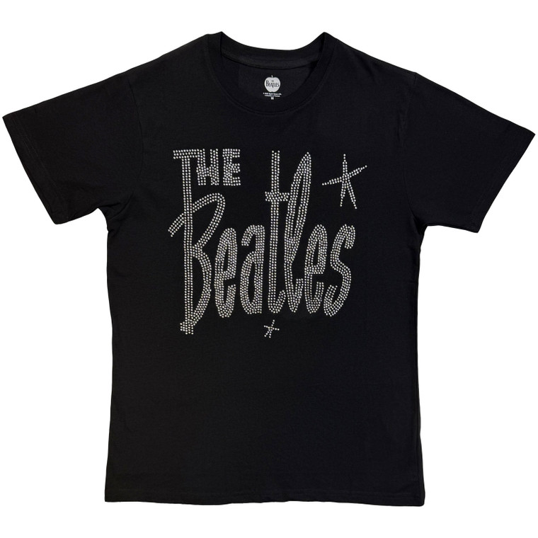 The Beatles Unisex T-Shirt: Retro Logo Crystals (Black) (Embellished)