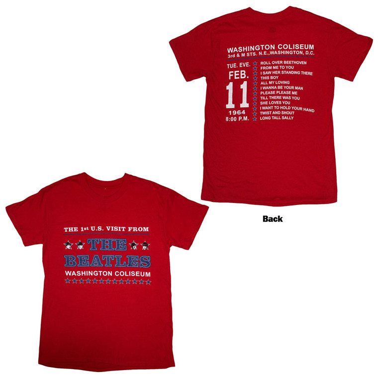 The Beatles Unisex T-Shirt: Washington '64 Stars Setlist (Red) (Back Print)