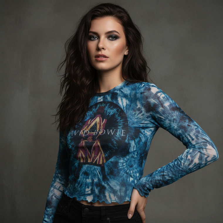David Bowie Ladies Long Sleeve Crop Top: Live & Well (Blue) (Mesh)
