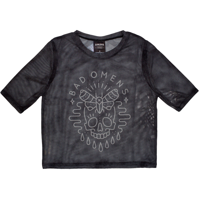 Bad Omens Ladies Crop Top: Moth Skull (Charcoal Grey) (Mesh)