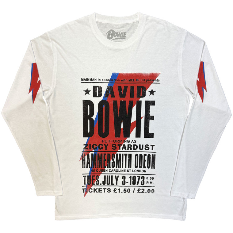 David Bowie Unisex Long Sleeve T-Shirt: Hammersmith Odeon (White) (Sleeve Print)