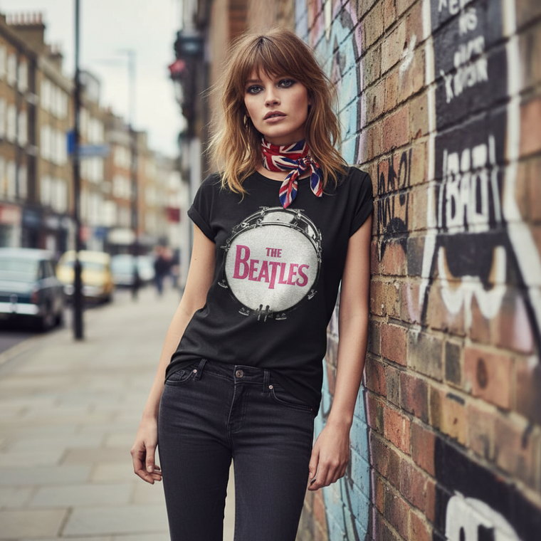 The Beatles Ladies T-Shirt: Drum Fuchsia Glitter (Black) (Embellished)