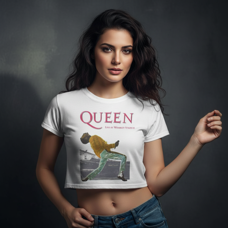 Queen Ladies Crop Top: Wembley Stadium Magenta Logo (White)