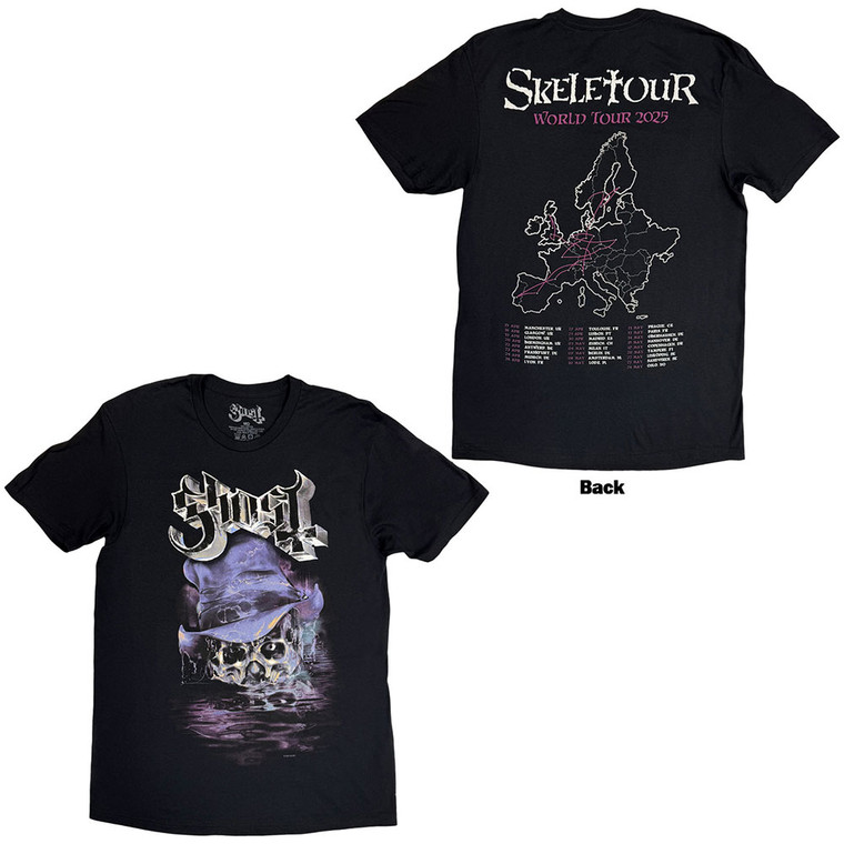 Ghost Unisex T-Shirt: Skeletour Admat '25 Tour Dates (Black) (Back Print)