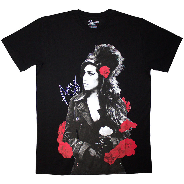 Amy Winehouse Unisex T-Shirt: Rose Portrait (Black)