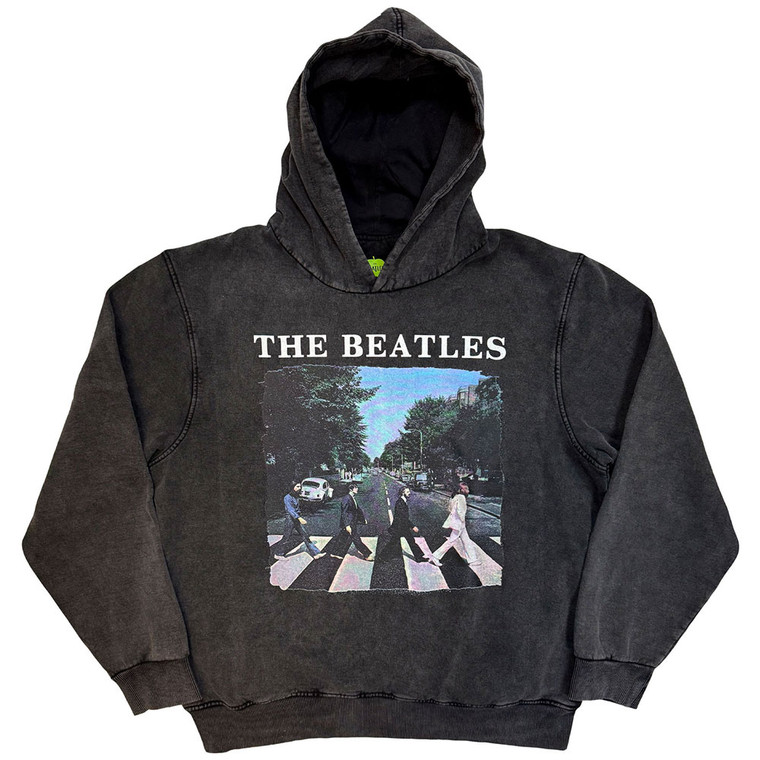 The Beatles Unisex Stone Wash Pullover Hoodie: Abbey Road & Logo (Charcoal Grey)