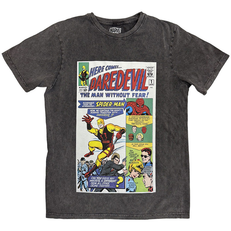 Marvel Comics Unisex Stone Wash T-Shirt: Here Comes Daredevil Comic (Charcoal Grey) 