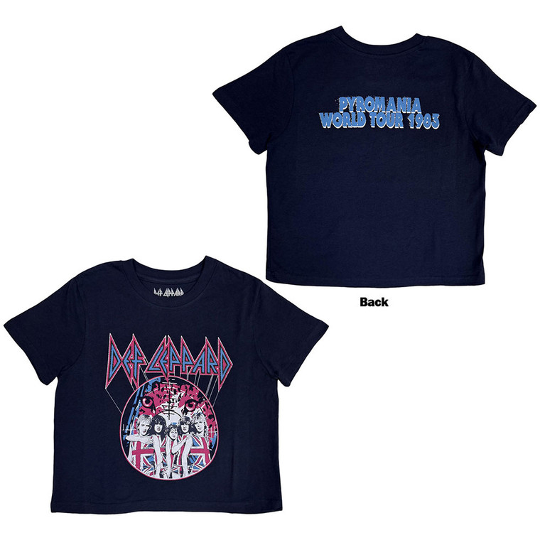 Def Leppard Ladies Crop Top: Pyro Tour (Navy Blue) (Back Print)