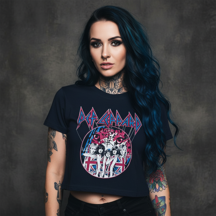 Def Leppard Ladies Crop Top: Pyro Tour (Navy Blue) (Back Print)