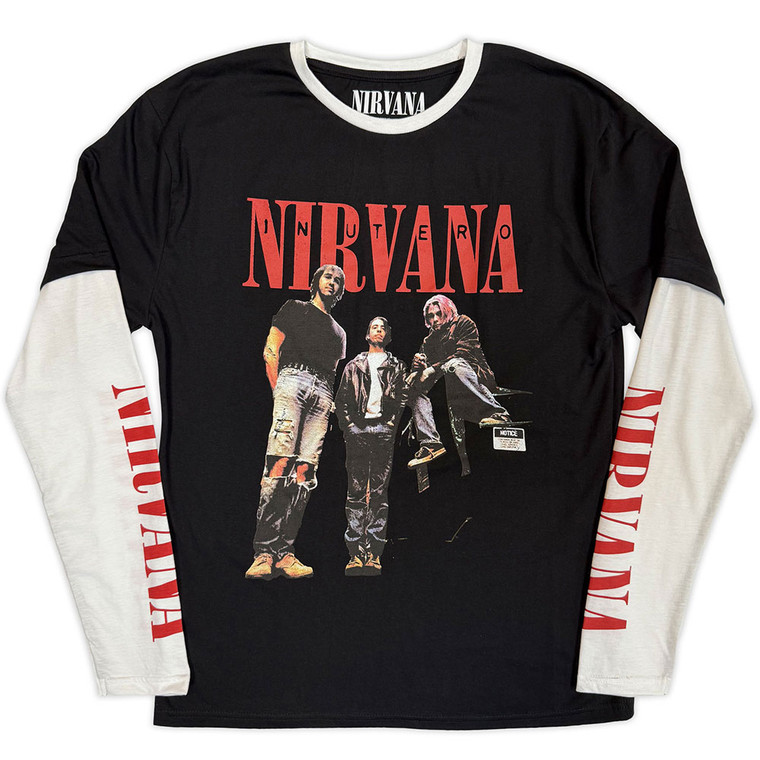 Nirvana Unisex 2 In 1 Layered Long Sleeve T-Shirt: In Utero Band Photo (Black & White) (Sleeve Print)