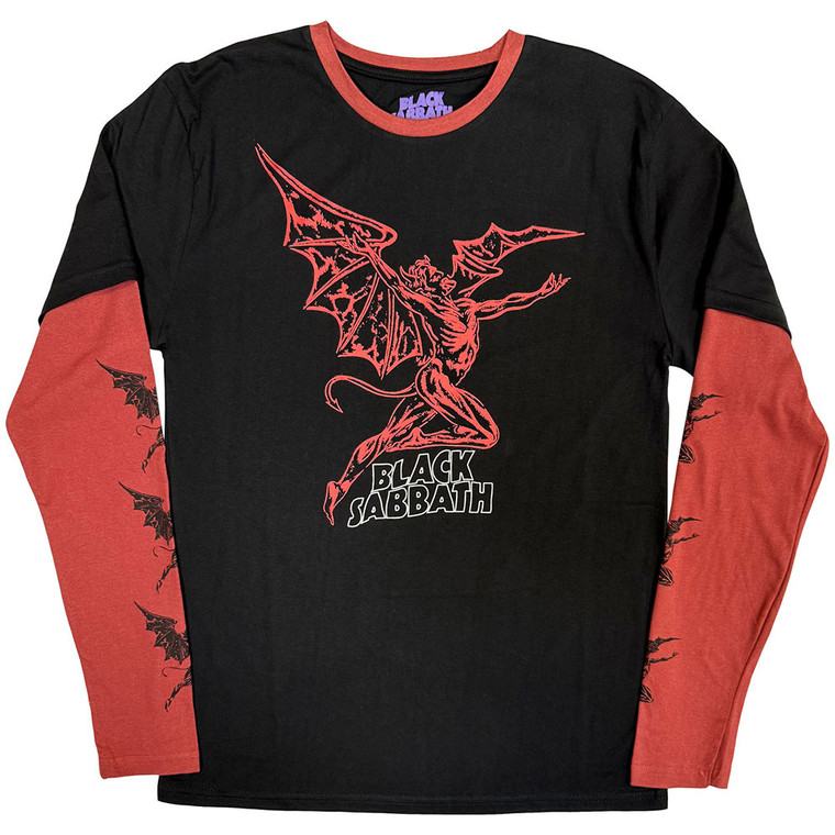Black Sabbath Unisex 2 In 1 Layered Long Sleeve T-Shirt: Red Henry Wavy Logo (Black & Red) (Sleeve Print)