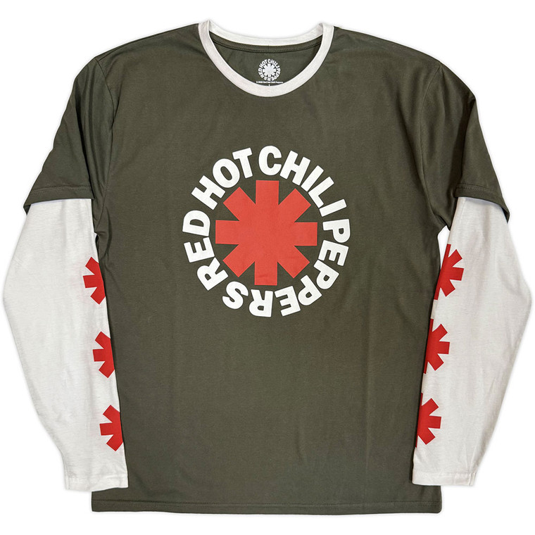 Red Hot Chili Peppers Unisex 2 In 1 Layered Long Sleeve T-Shirt: Classic Asterisk (Green & White) (Sleeve Print)