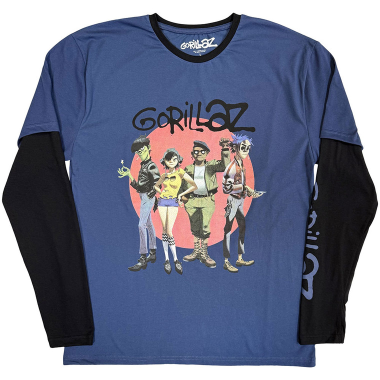 Gorillaz Unisex 2 In 1 Layered Long Sleeve T-Shirt: Group Circle Rise (Denim Blue & Black) (Sleeve Print)