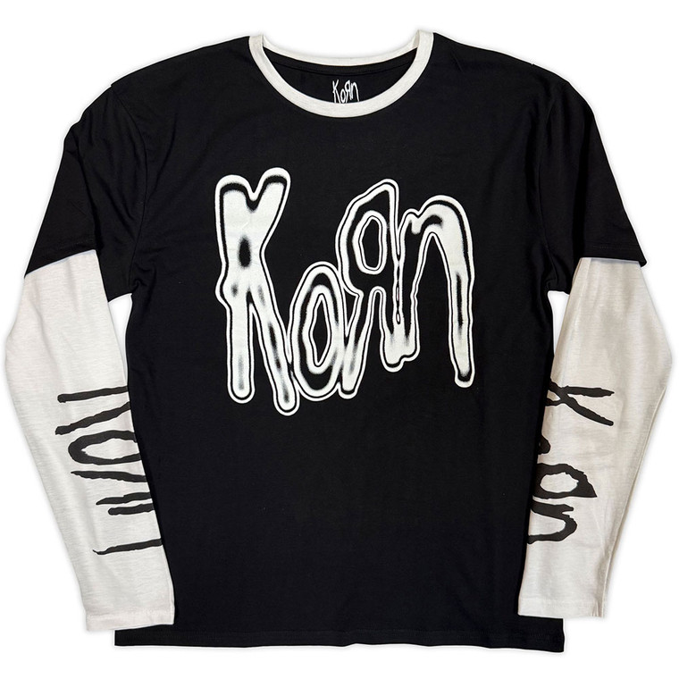 Korn Unisex 2 In 1 Layered Long Sleeve T-Shirt: Metallic Logo (Black & White) (Sleeve Print)