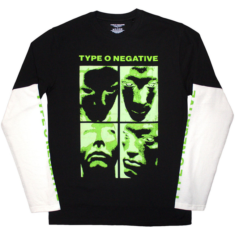 Type O Negative Unisex 2 In 1 Layered Long Sleeve T-Shirt: Faces (Black & White) (Sleeve Print)