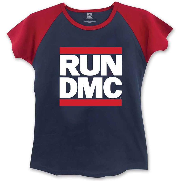 Run DMC Ladies Raglan T-Shirt: Logo (Navy Blue & Red) (Skinny Fit)