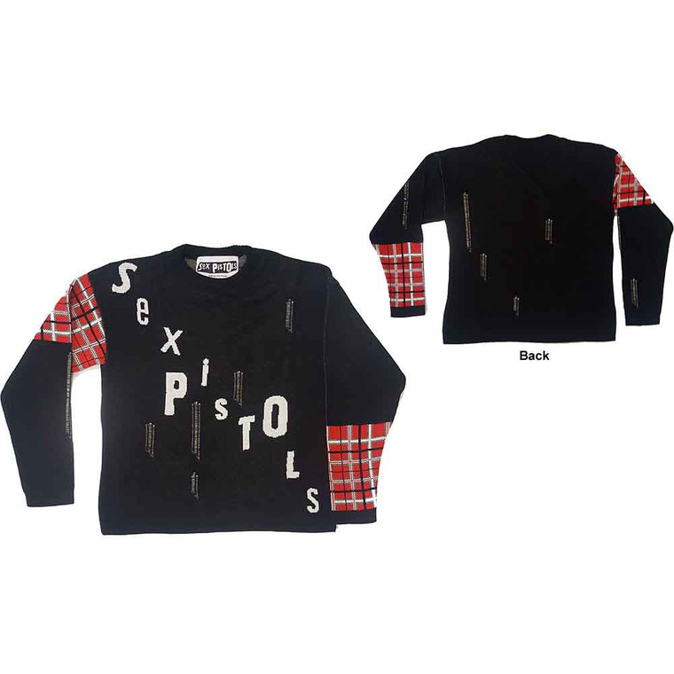 The Sex Pistols Unisex Jumper: Distressed Tartan Logo (Black) (Back Detail)