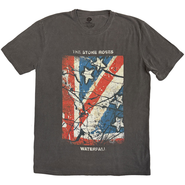The Stone Roses Unisex Stone Wash T-Shirt: Waterfall Jumbo-Print (Charcoal Grey)