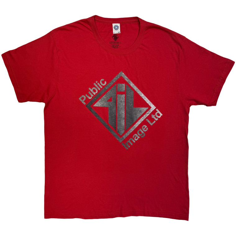 PIL (Public Image Ltd) Unisex T-Shirt: Brushed Steel Logo & Text (Red)