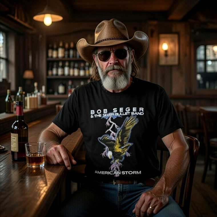 Bob Seger & The Silver Bullet Band Unisex Carbon T-Shirt: American Storm (Black) (Back Print)
