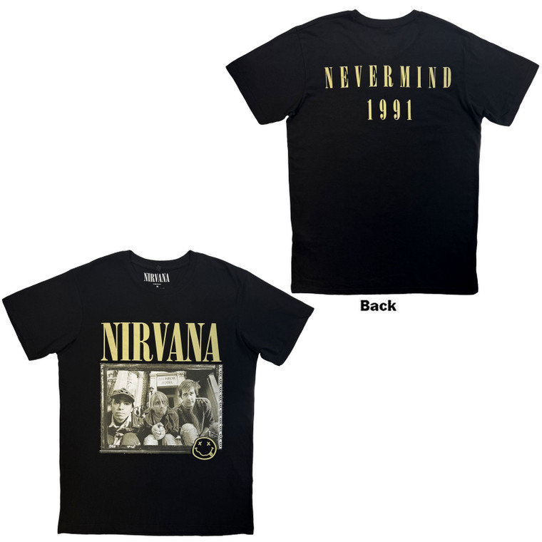 Nirvana Unisex Carbon T-Shirt: Nevermind '91 Hotel Photo (Black) (Back Print)