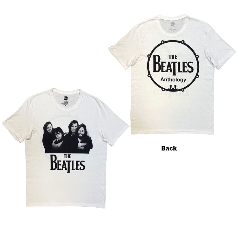 The Beatles Unisex T-Shirt: Group Photo Anthology Drum (White) (Back Print)
