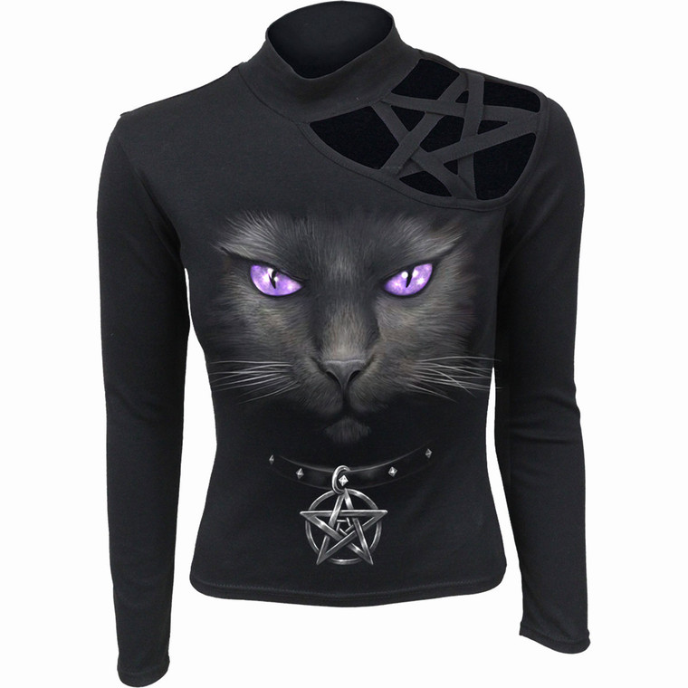 Spiral Ladies Pentagram Shoulder Top: Black Cat (Black)