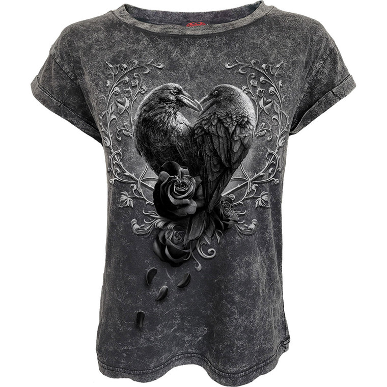 Spiral Unisex Acid Wash T-Shirt: Raven Heart (Black & Grey)