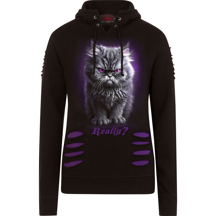 Spiral Ladies Ripped Pullover Hoodie: Anger Management (Black & Purple)