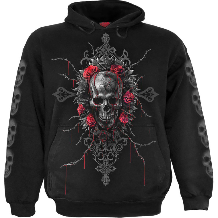 Spiral Unisex Pullover Hoodie: Love Is Dead (Black) (Back & Sleeve Print)