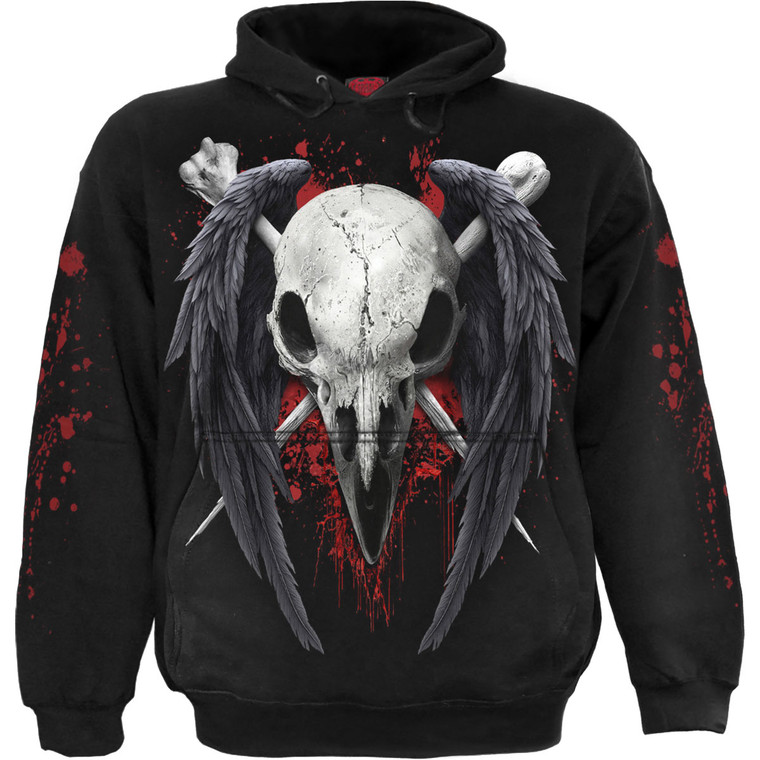 Spiral Unisex Pullover Hoodie: Death Raven (Black) (Back & Sleeve Print)