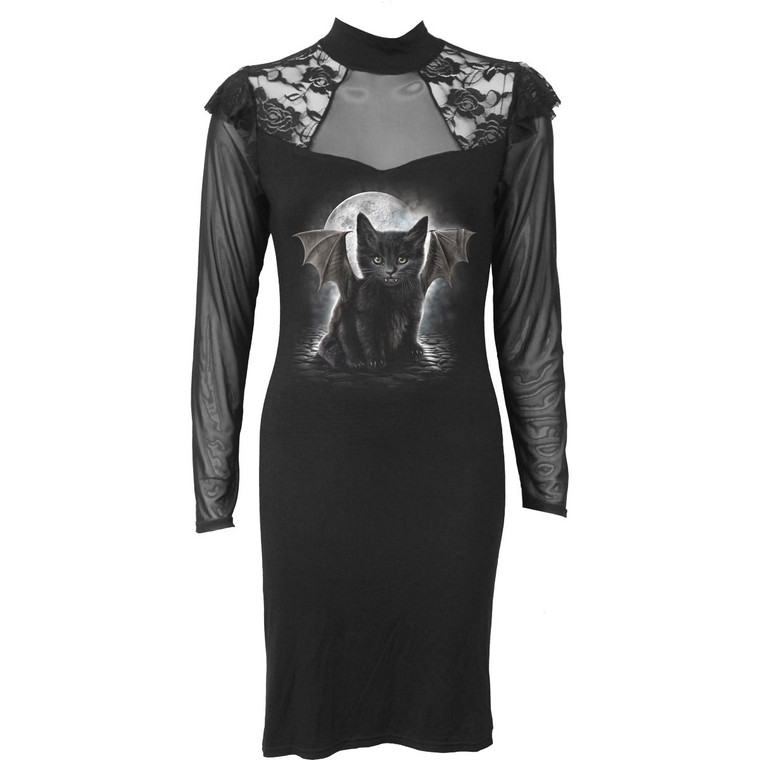 Spiral Ladies Lace Shoulder Corset Dress: Bat Cat (Black)