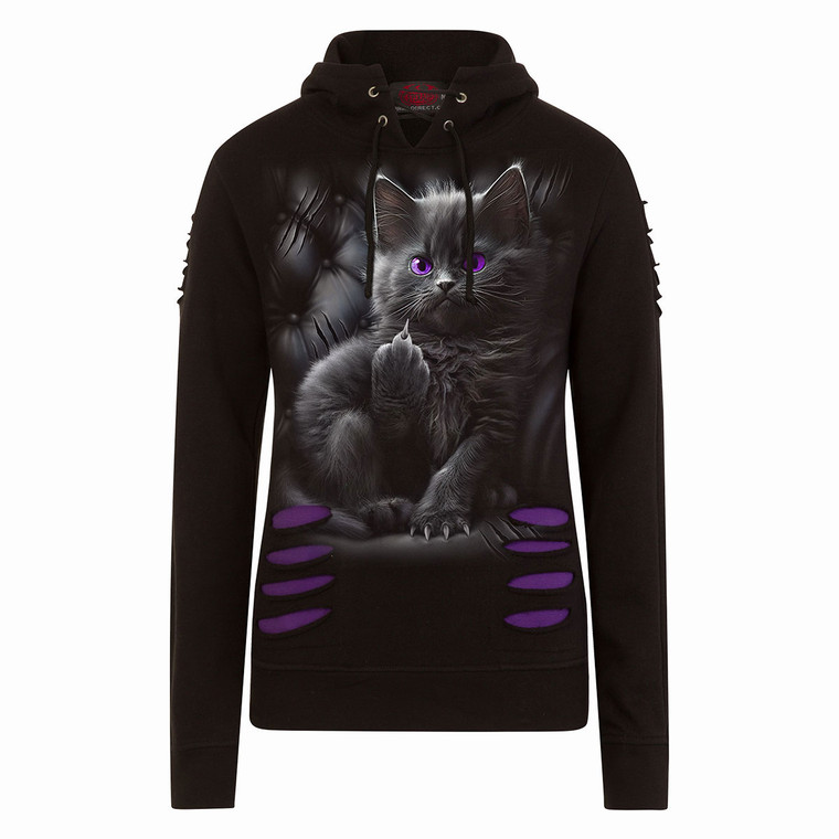 Spiral Ladies Ripped Pullover Hoodie: Cattitude (Black & Purple)