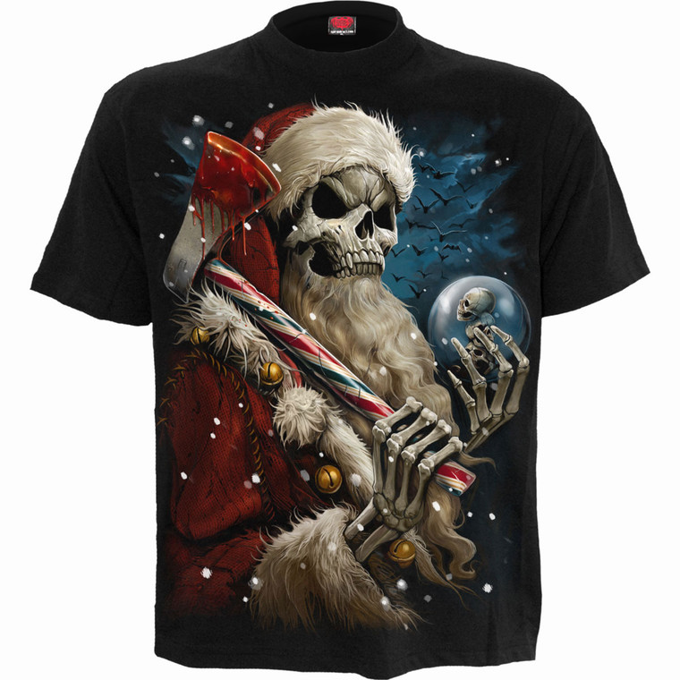 Spiral Unisex T-Shirt: Candy Cane Santa (Black) (Back Print)