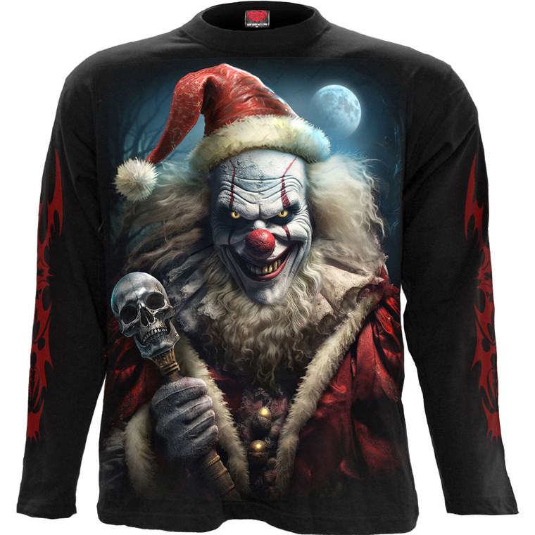 Spiral Unisex Long Sleeve T-Shirt: Santa Clown (Black) (Back & Sleeve Print)