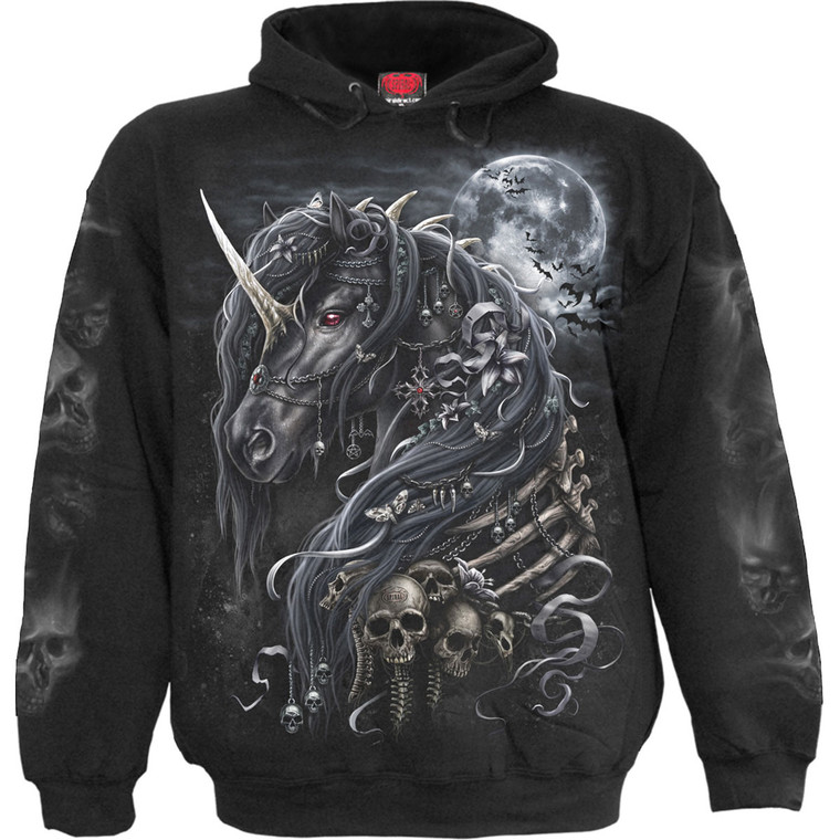 Spiral Unisex Pullover Hoodie: Dark Unicorn (Black) (Back & Sleeve Print)