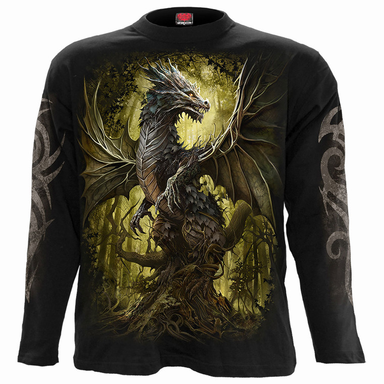 Spiral Unisex Long Sleeve T-Shirt: Oak Dragon (Black) (Back & Sleeve Print)