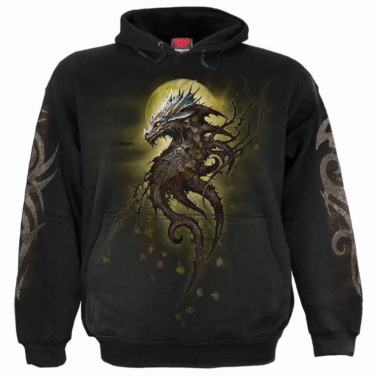 Spiral Unisex Pullover Hoodie: Oak Dragon (Black) (Back & Sleeve Print)