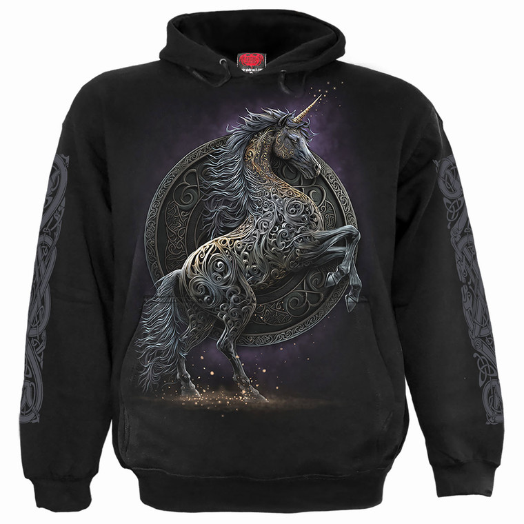 Spiral Unisex Pullover Hoodie: Celtic Unicorn (Black) (Back & Sleeve Print)