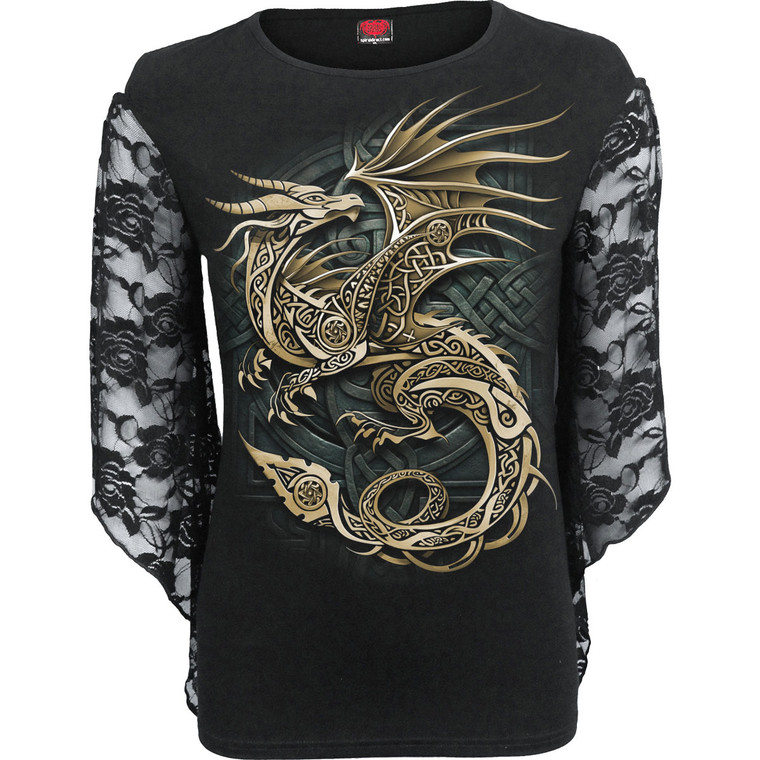 Spiral Ladies Rose Lace Sleeve Top: Celtic Dragon (Black)