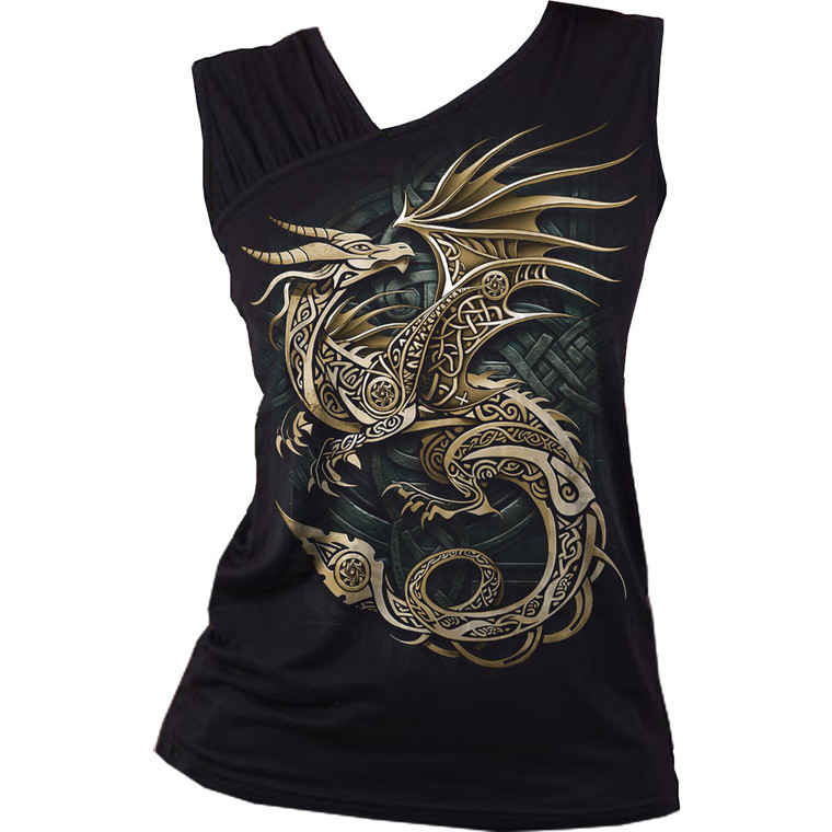 Spiral Ladies Gathered Shoulder Slant Vest T-Shirt: Celtic Dragon (Black)