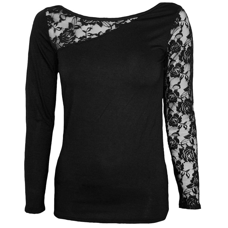 Spiral Ladies Lace One Shoulder Top: Plain (Black) (Blank)