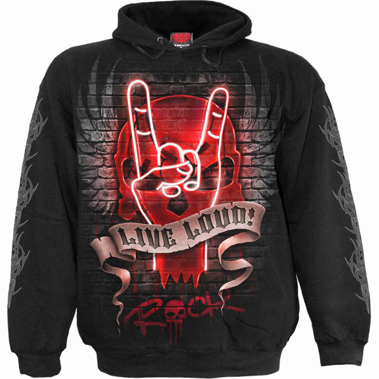 Spiral Unisex Pullover Hoodie: Live Loud (Black) (Back & Sleeve Print)