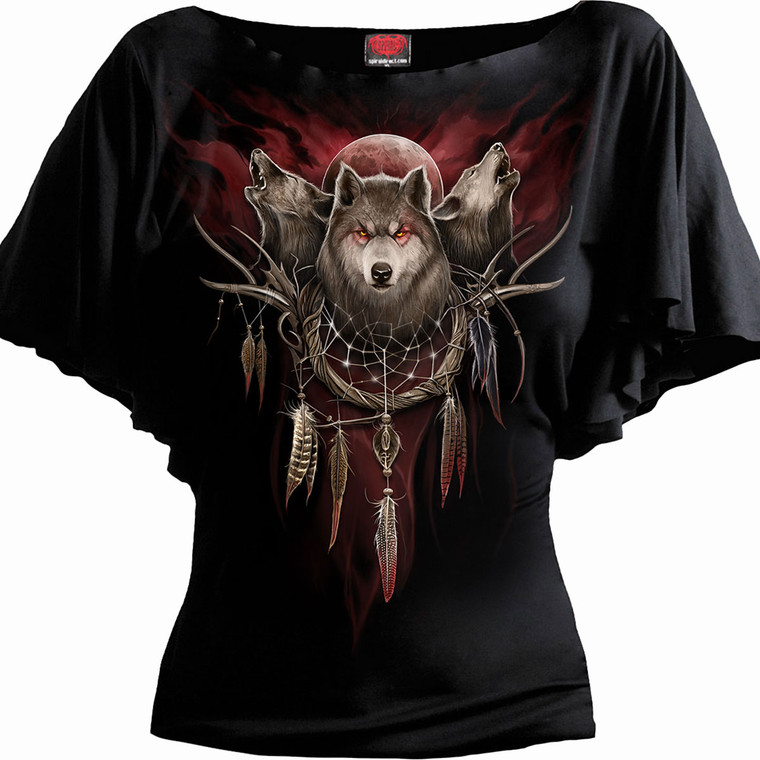 Spiral Ladies Latin Boatneck Top: Cry Of The Wolf (Black)