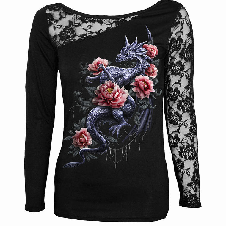 Spiral Ladies Lace One Shoulder Top: Dragon Rose Slant (Black)