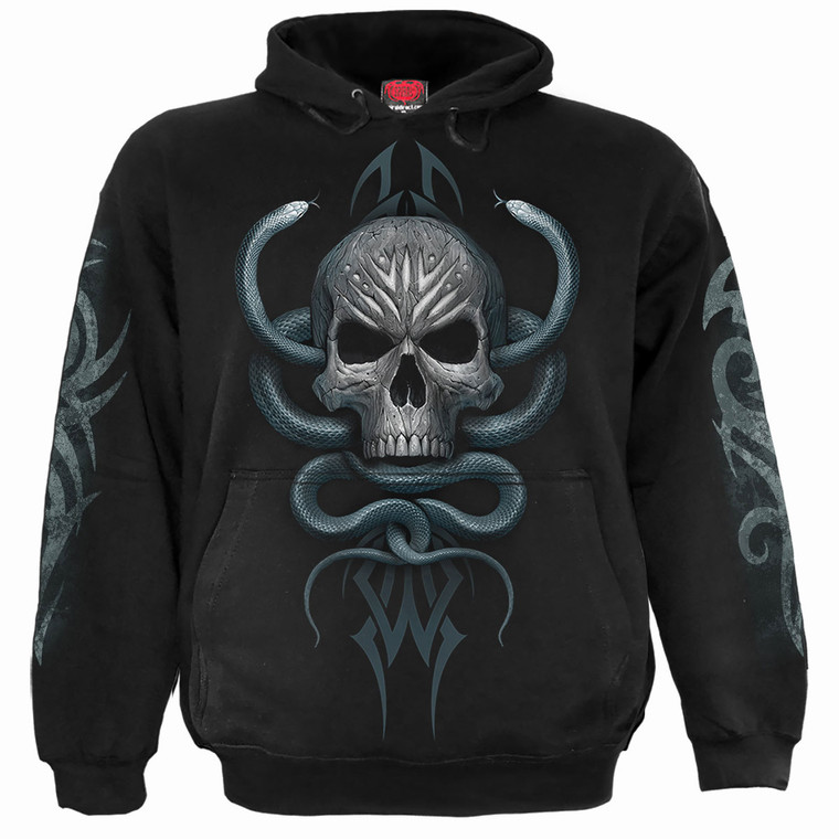 Spiral Unisex Pullover Hoodie: Stone Gaze (Black) (Back & Sleeve Print)