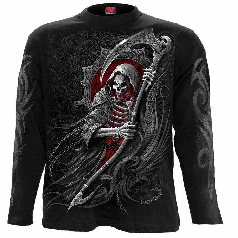 Spiral Unisex Long Sleeve T-Shirt: Reaper's Portal (Black) (Back & Sleeve Print)